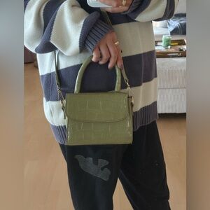 Olive Green Croc-Embossed Top Handle Crossbody Bag